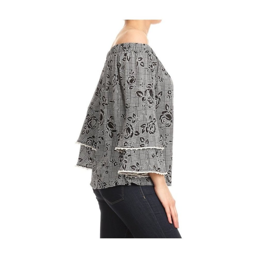 Ariella Off the Shoulder Ruffle Sleeve with Pearls Top - Picture 3 of 4